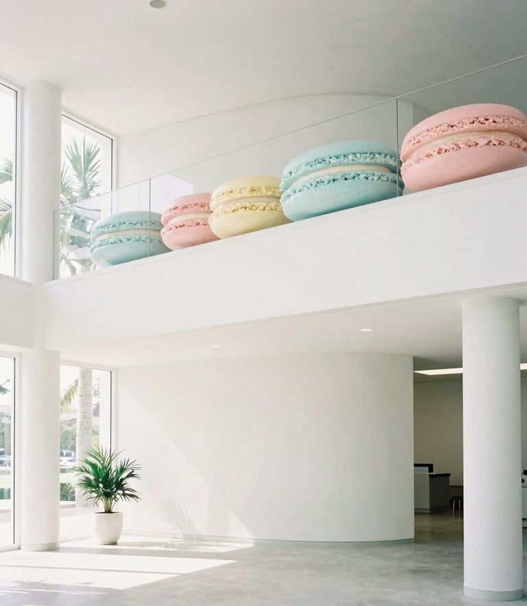 A bright, high-key minimalist architectural shot of a modern Bay Harbor Islands office lobby, soft natural daylight, pale pastel accents, 35mm