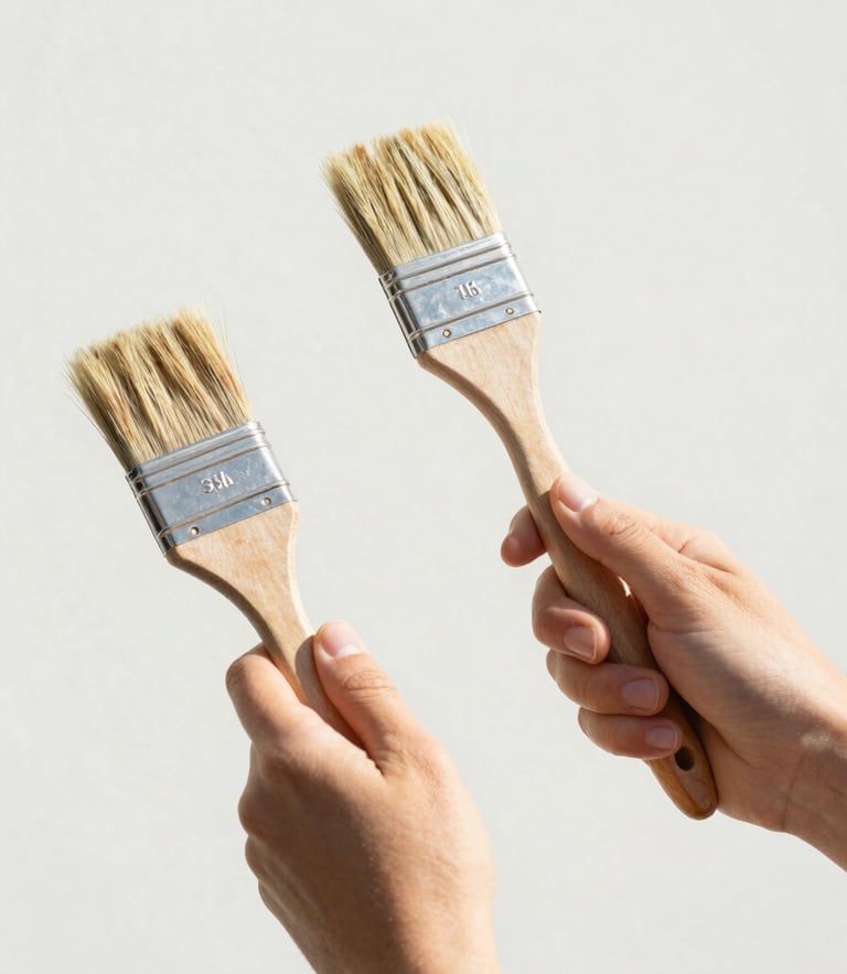 Close-up of hands holding paintbrushes and wooden tools, bright natural outdoor daylight, clean minimalist composition, authentic human action, soft natural tones