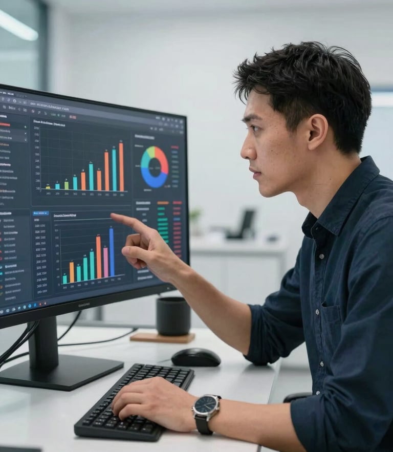 A high-contrast, clinical studio portrait of a focused growth strategist analyzing a real-time marketing analytics dashboard, bright clinical lighting, sharp focus, structured modern environment.