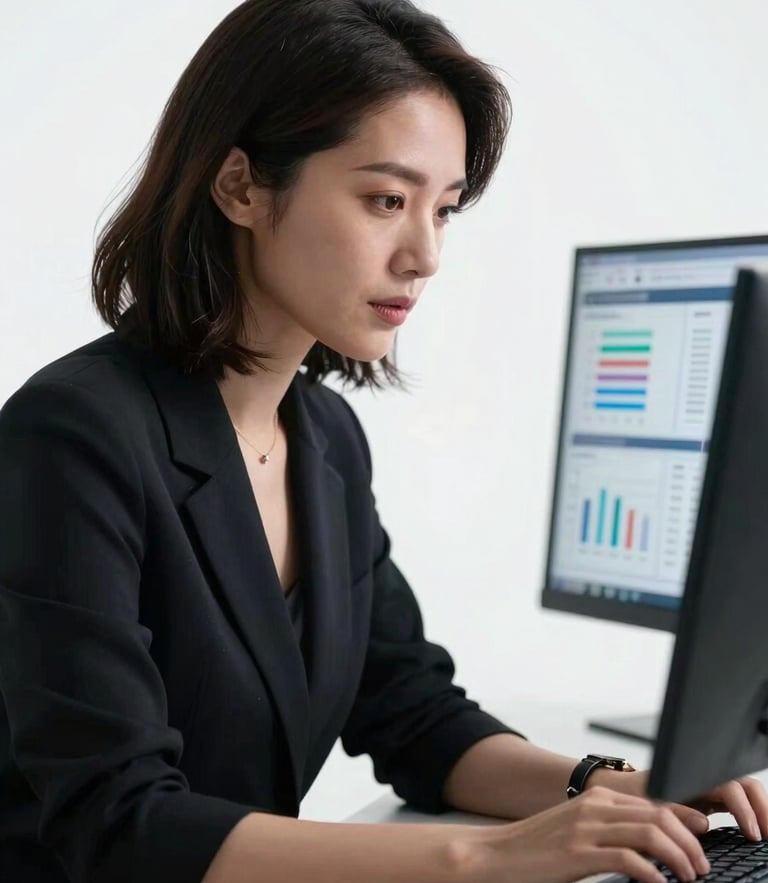 Sharp high-contrast studio portrait of a focused female performance marketer analyzing data interfaces in a brightly lit, clinical studio setting.