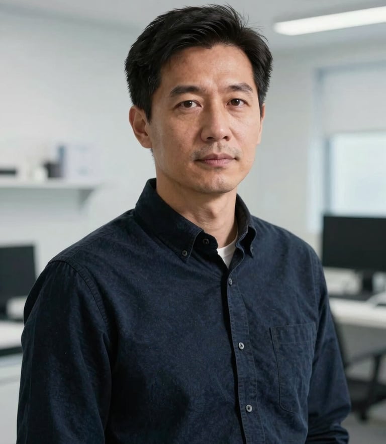 Sharp high-contrast studio portrait of a focused male growth strategist in a clean, bright clinical environment, looking directly at the camera, modern workspace background.