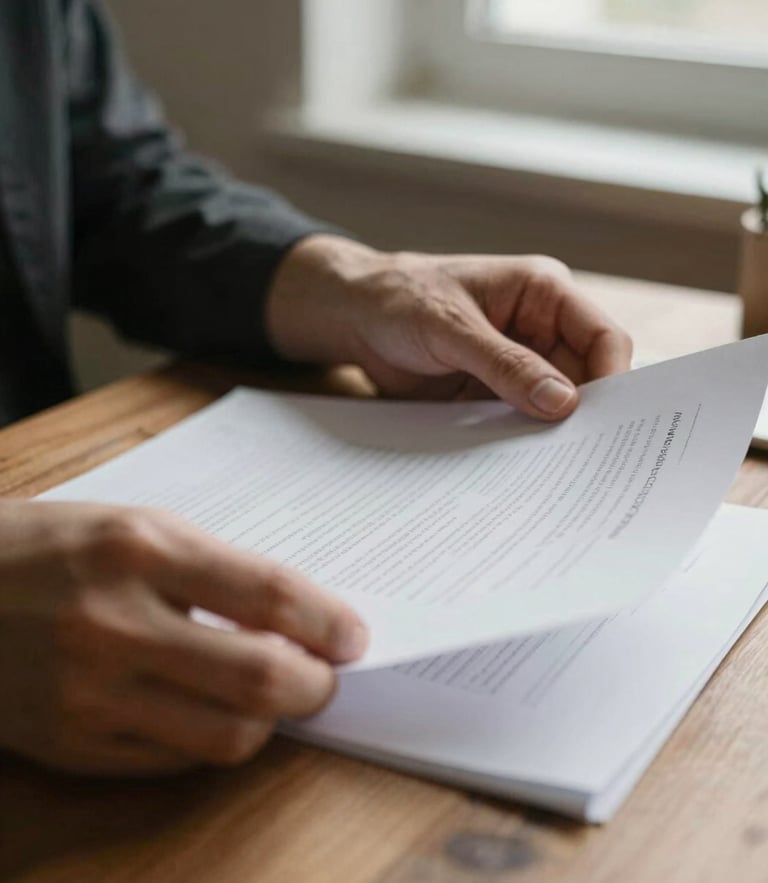 Close-up of hands reviewing simple documents on a wooden table under soft natural window light, warm editorial photography, 35mm