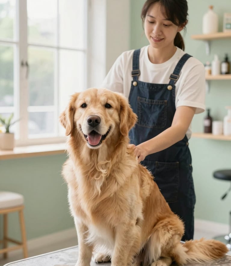 A happy golden retriever sitting calmly next to a professional groomer in a bright, modern, sage-green pet boutique, soft natural window light, warm editorial photography
