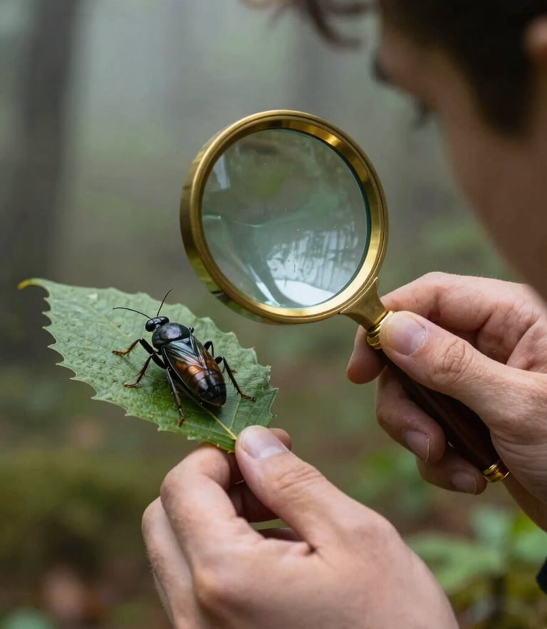 Close-up of a passionate entomologist with a brass magnifying glass examining a leaf in a misty forest, natural diffused light, rich organic earth tones, 100mm lens