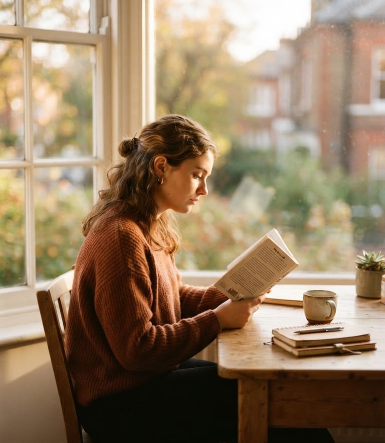 A young student sitting at a wooden desk near a large window, focused on reading a book, warm natural golden-hour light, shallow depth of field, 35mm style.