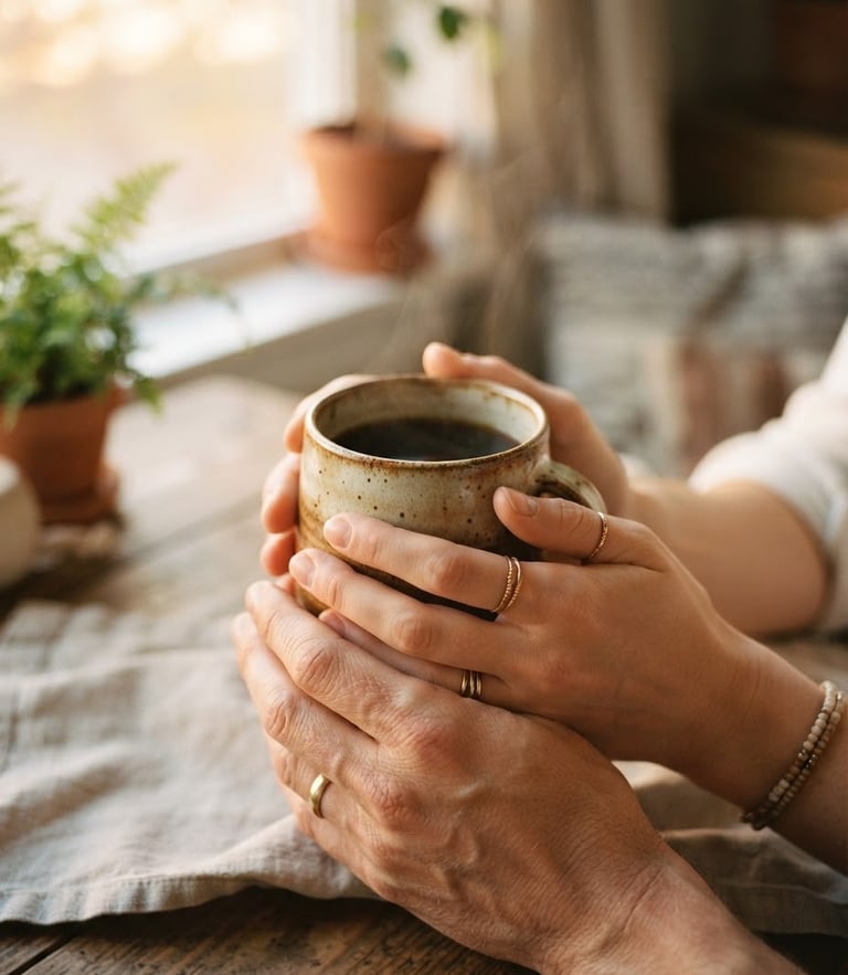 A close-up of two hands holding a warm ceramic mug, soft window light casting gentle shadows, calm organic tones, shallow depth of field, 35mm