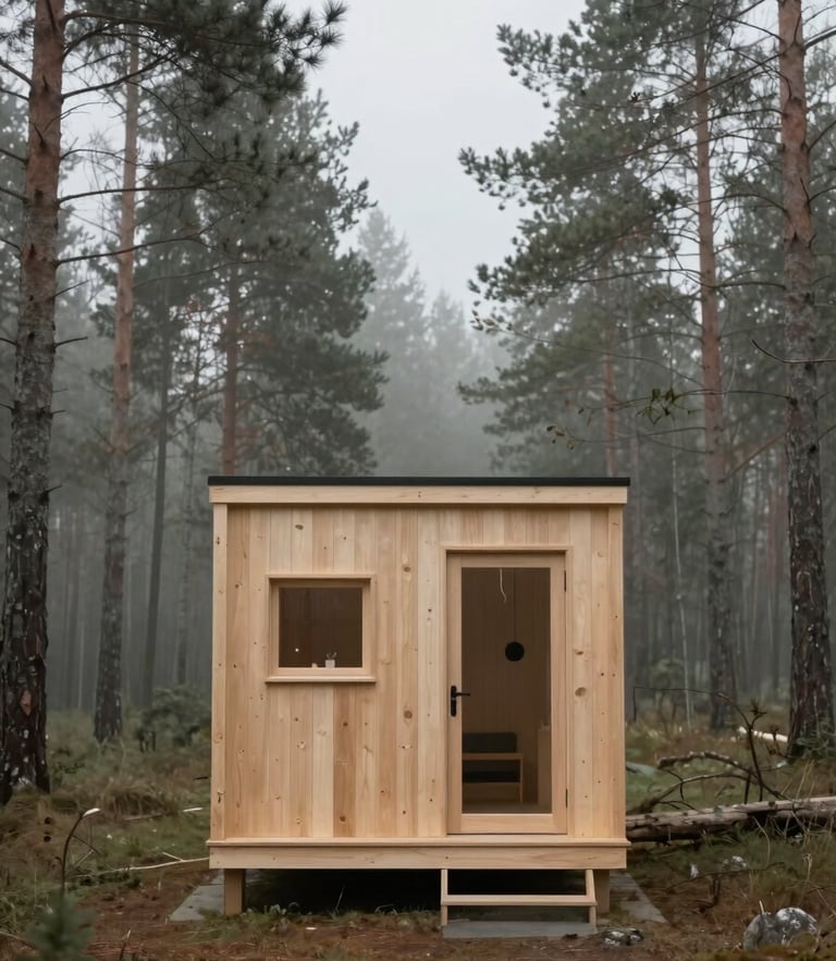 Straight-on architectural eye-level shot of a minimalist timber tiny home nestled in a misty pine forest, soft overcast daylight, 35mm lens