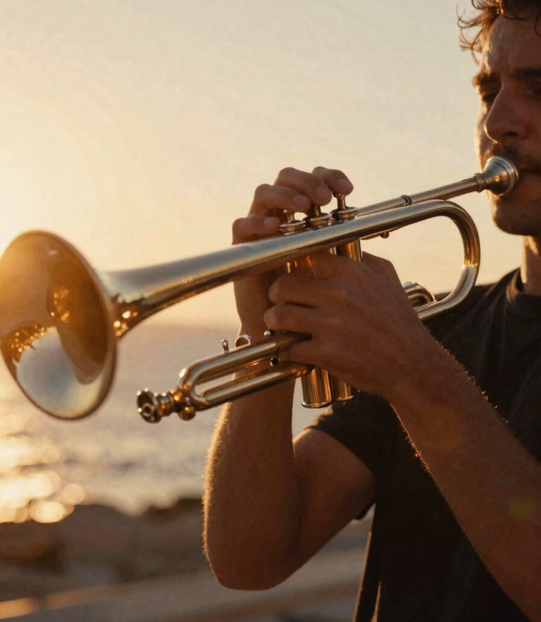 Dynamic low-angle close-up of a trumpet player performing under golden hour Mediterranean light, warm lens flares, motion blur, 35mm film grain.