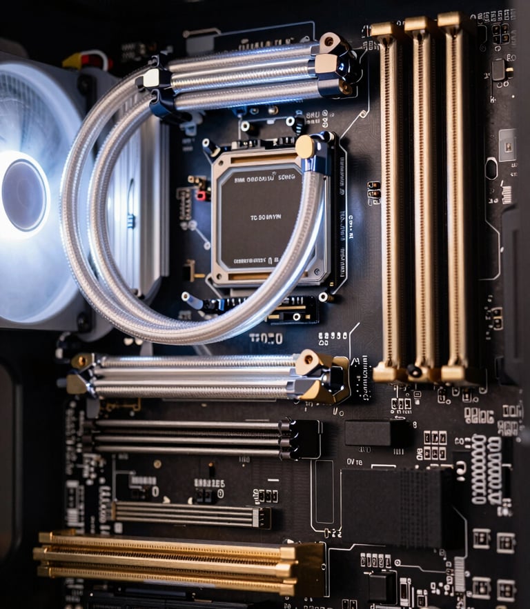 Macro close-up of a pristine motherboard layout with glowing custom liquid cooling loops, low-key studio lighting, gold metallic accents on dark obsidian background, sharp focus.