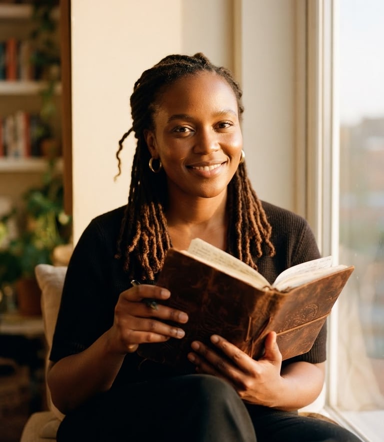 Warm editorial portrait of Thembi Malele holding a leather notebook, golden-hour window light, soft cream background, shallow depth of field