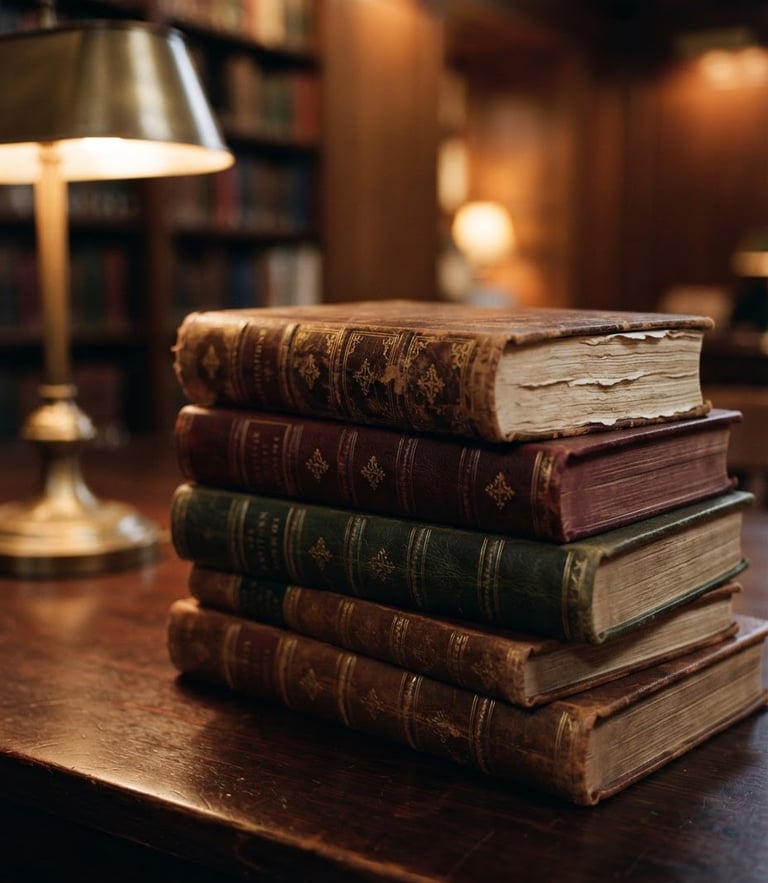 A close-up of beautifully bound leather books stacked on a dark mahogany table, warm glow from a brass library lamp casting soft shadows, rich paper textures, shallow depth of field, 35mm photography.