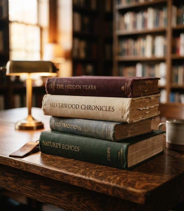 A warm, library-like editorial photograph of stacked hardcover books with rich paper textures on a dark oak table, soft window light, shallow depth of field