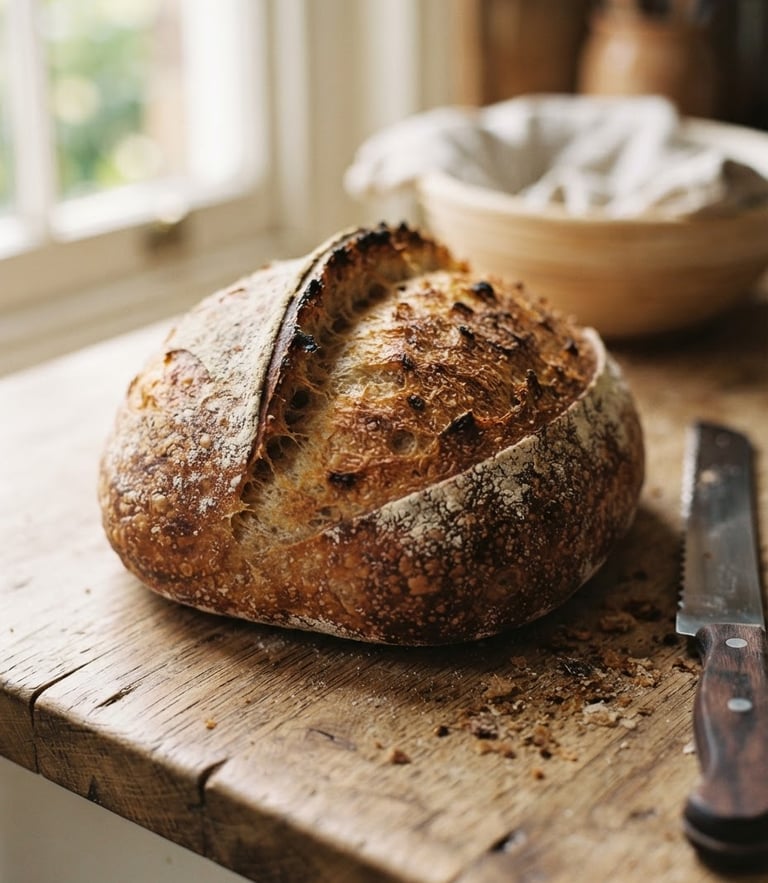 A warm close-up of freshly baked bread on a wooden counter, soft morning daylight, 35mm photography