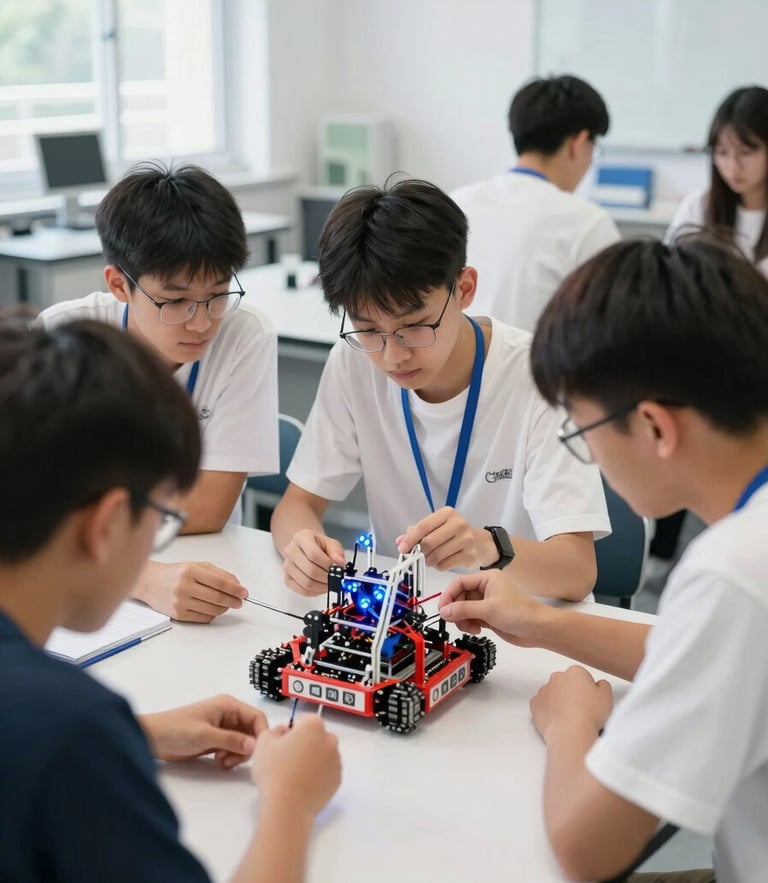 A high-angle shot of high school students collaborating on a physical robotics prototype in a modern, sunlit laboratory, 35mm editorial photography.