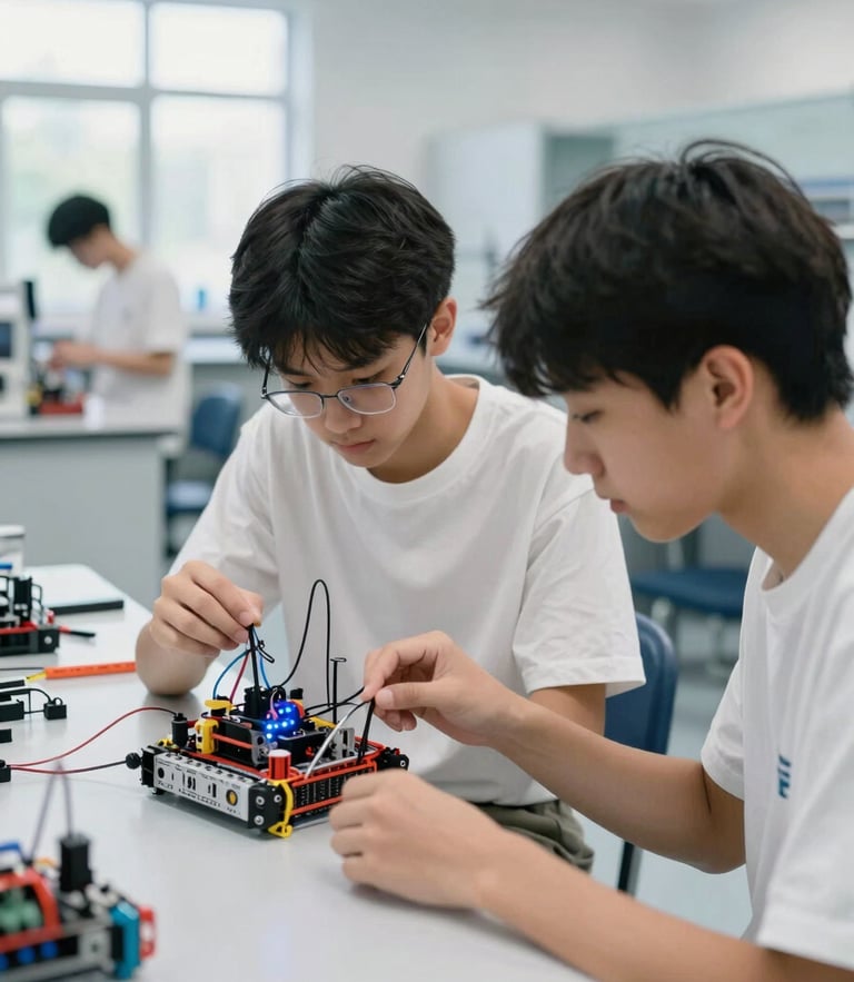 A high school student collaborating over a physical robotics prototype in a clean laboratory, natural daylight, 35mm