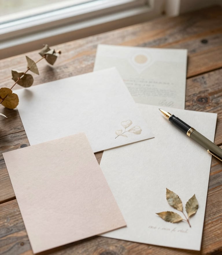 Overhead flatlay of vintage-inspired paper ephemera, dried botanical leaves, and a calligraphy pen on a rustic wooden desk, soft morning window light, warm editorial photography
