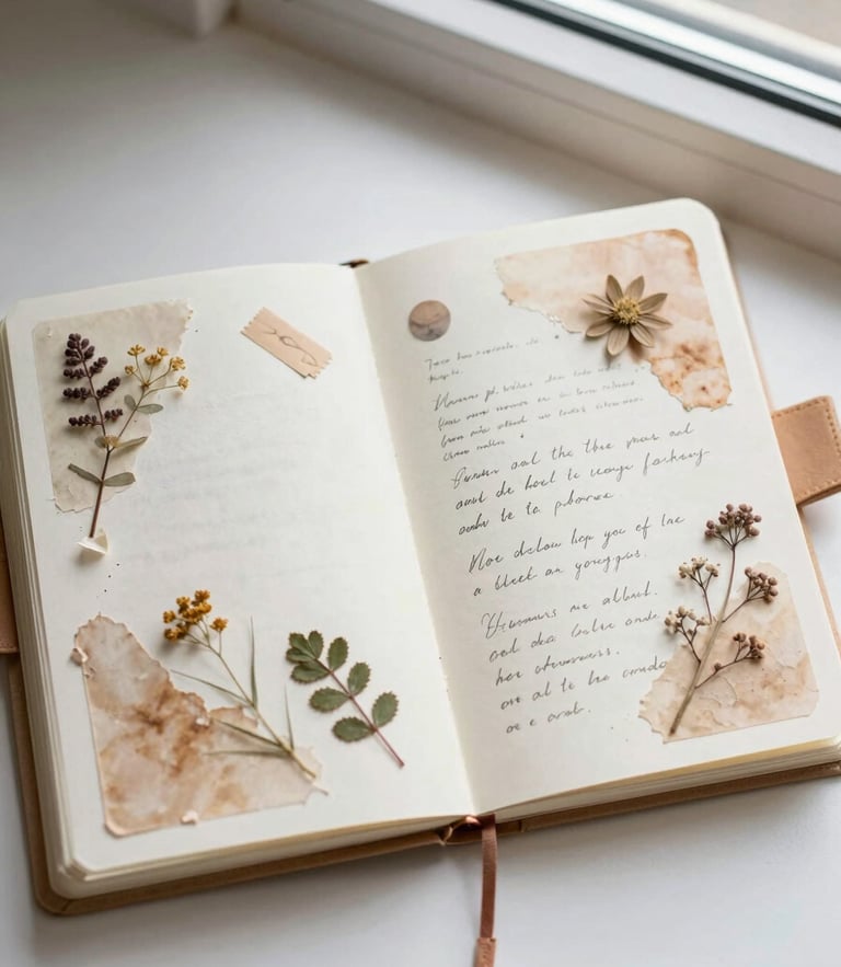 Overhead flatlay of an open junk journal with textured tea-stained pages, delicate pressed botanical elements, and handwritten notes under soft morning window light.