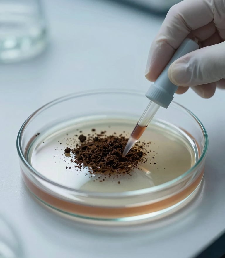 Clinical laboratory setting, cool-toned lighting, high-resolution close-up of a soil sample being analyzed in a glass petri dish, scientific precision, technical agronomy aesthetic