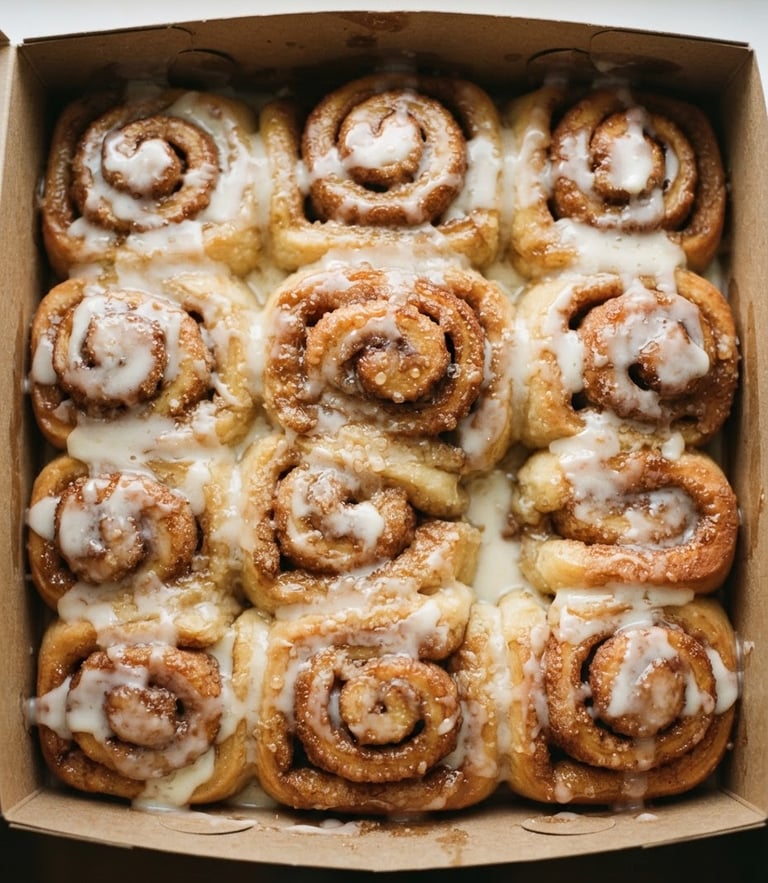 Tight overhead shot of golden-brown cinnamon rolls with dripping white glaze in a rustic cardboard box, soft morning window light, 35mm food photography.
