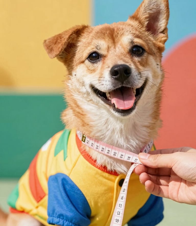 A vibrant close-up of a happy small dog wearing a colorful custom-tailored shirt, a hand gently holding a soft measuring tape around its chest, warm daylight, 50mm lens.