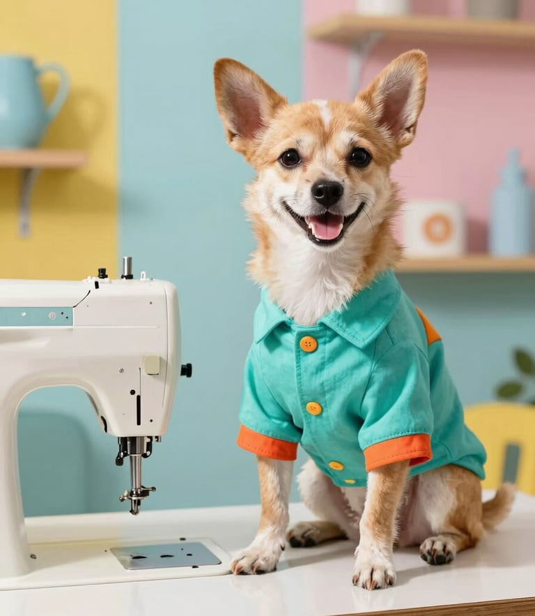A happy small dog wearing a colorful custom-tailored teal shirt, sitting proudly next to a vintage sewing machine in a bright, sunlit workshop.