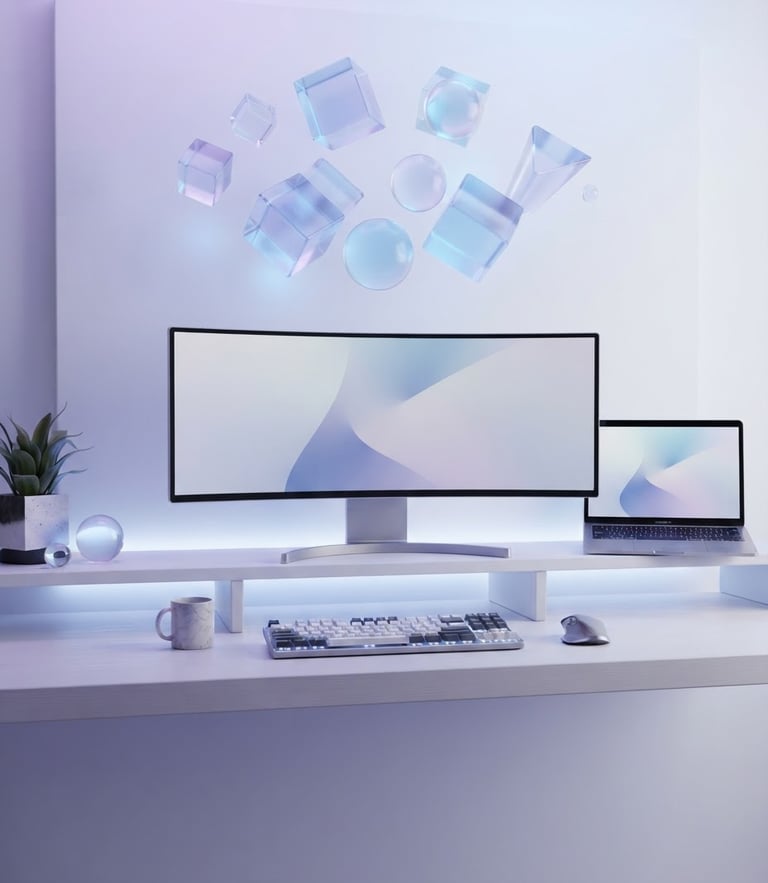Sleek modern digital workspace setup, soft lavender and blue pastel lighting, translucent glassmorphic geometric shapes floating, clean white background