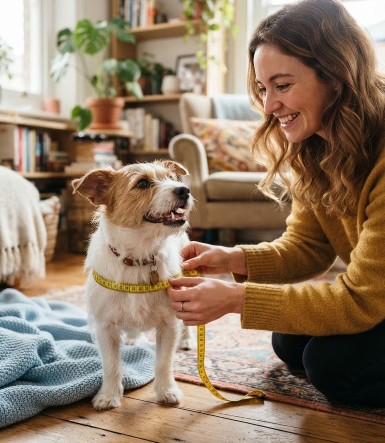 A happy small dog being gently measured with a soft yellow tape measure by a smiling owner, warm natural daylight, cozy home background