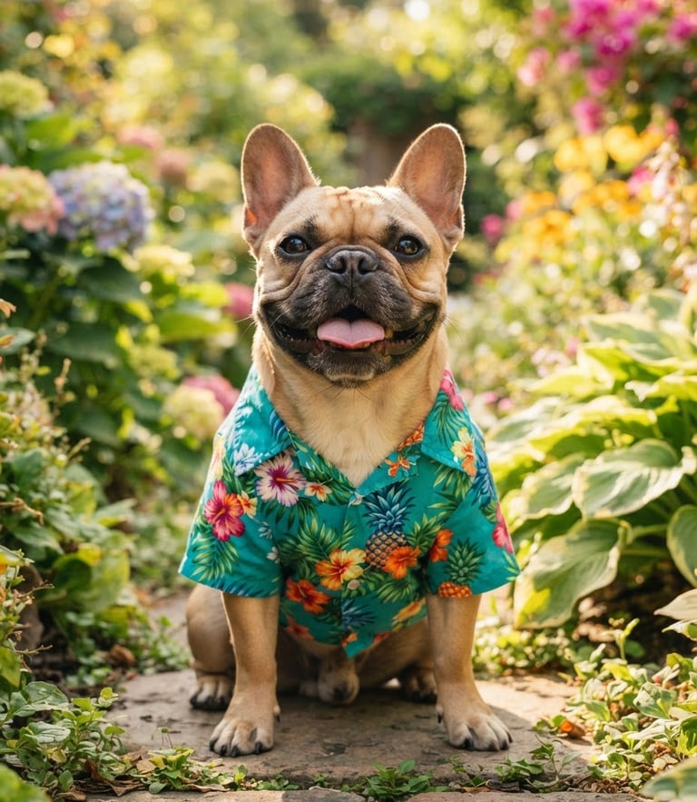Eye-level portrait of a happy French Bulldog wearing a vibrant teal tropical shirt, sitting in a sunny garden, warm natural daylight, shallow depth of field