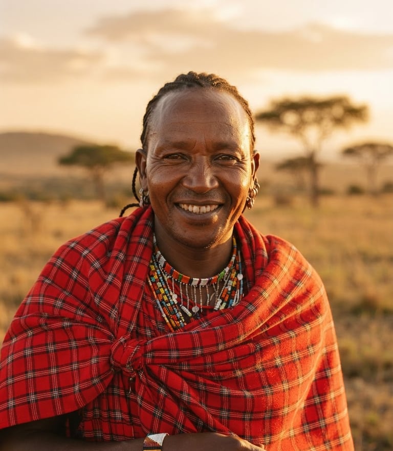 A close-up portrait of a Maasai guide in traditional red clothing, smiling warmly, golden hour light, soft focus savanna background with acacia trees.