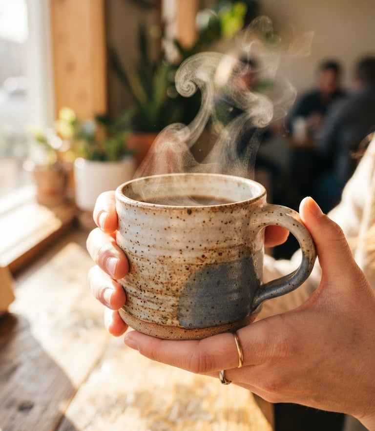 Warm direct morning sunlight casting soft shadows on a hand-thrown ceramic mug cradled in hands, steam rising, shallow depth of field, 35mm
