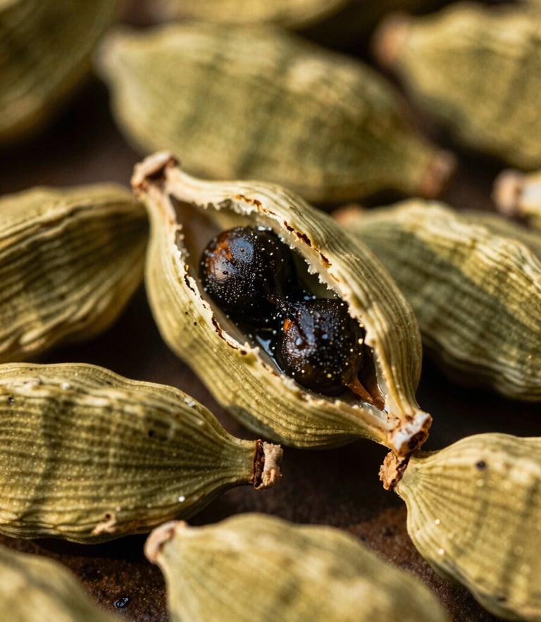 Macro close-up of cracked green cardamom pods showing glistening, volatile oil-rich black seeds, warm golden-hour side lighting, shallow depth of field, 35mm film