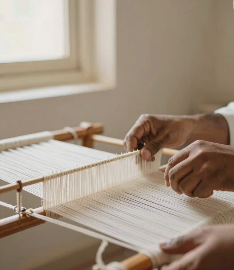 An artisan's hands working on a traditional wooden pit loom in Rajasthan, soft natural window light illuminating the delicate ivory warp threads, 35mm