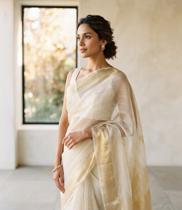 Elegant portrait of a model in a translucent ivory and gold Kota Doria saree draped beautifully, soft natural window light, shallow depth of field, minimalist architectural backdrop.