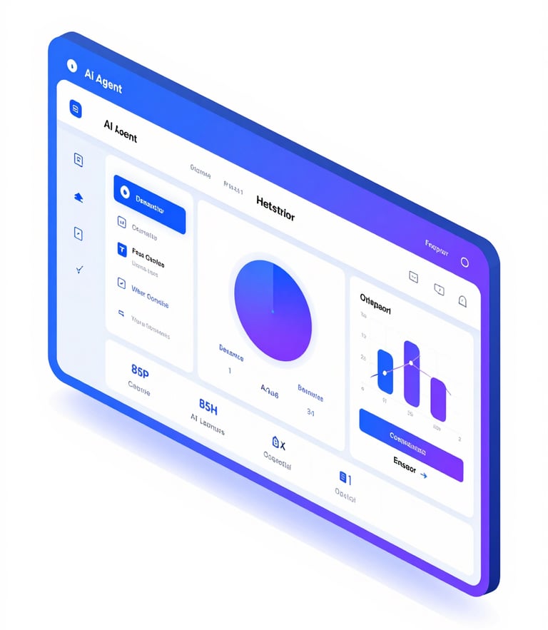 High-fidelity software UI mockup of an AI agent orchestration dashboard, vibrant blue and purple accents, crisp vector lines, flat orthographic view