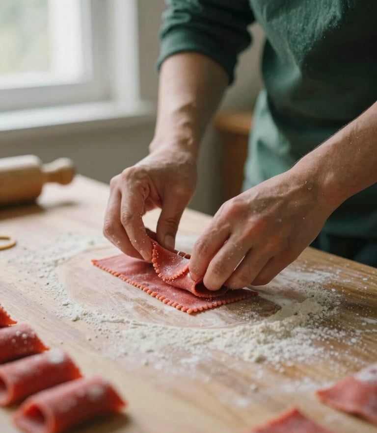 Editorial close-up of hands preparing fresh handmade pasta on a wooden table, soft natural window light, 35mm photography