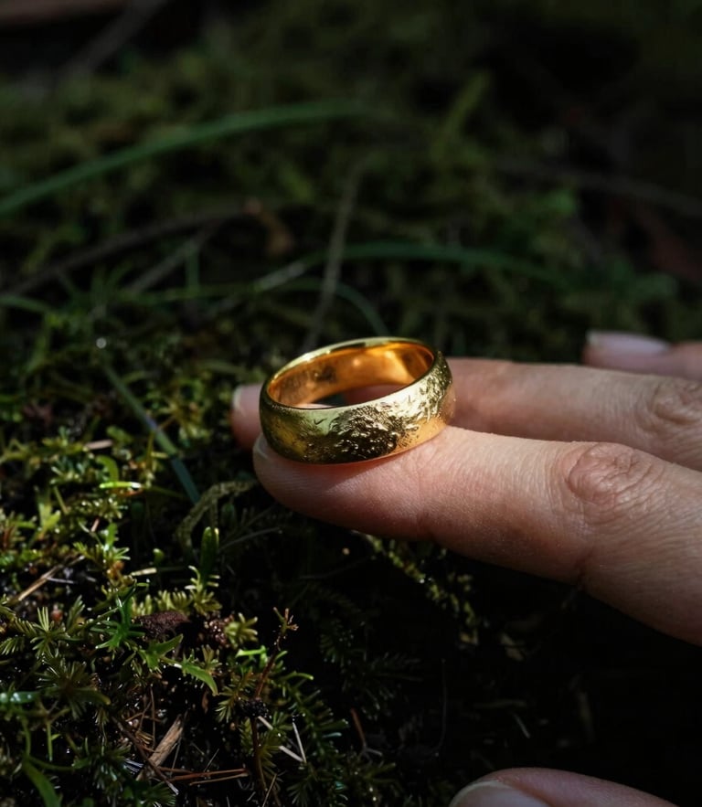 Moody editorial jewelry photography, close-up of a heavy textured gold ring on a finger resting on dark forest moss, high-contrast side light, deep shadows.