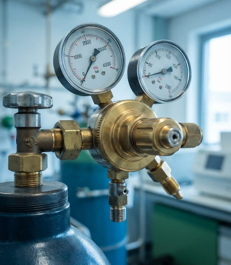 Close-up of a professional gas regulator with brass fittings and pressure gauges, sharp focus, clean industrial lighting