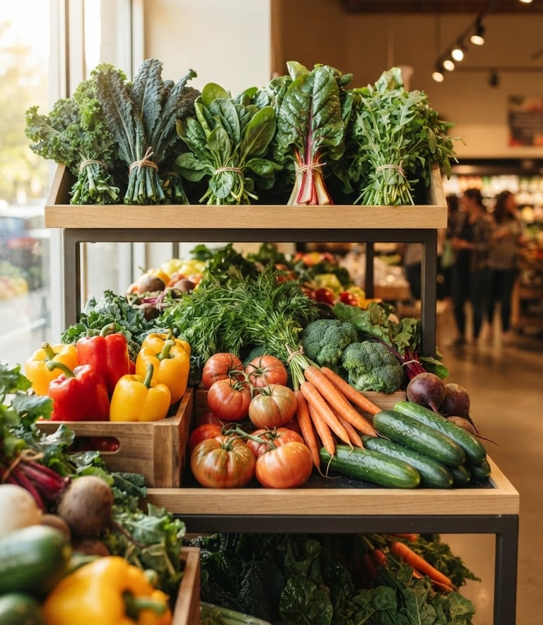 A bright clean supermarket shelf with fresh organic vegetables, warm natural daylight, sharp focus
