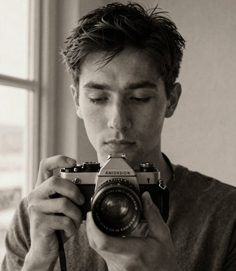 Honest close-up black and white portrait of a photographer holding an old 35mm film camera, soft natural window light, grainy texture, thoughtful expression, neutral background