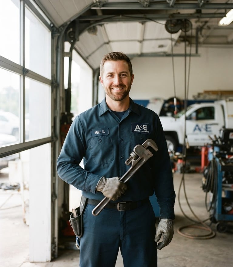 Professional garage door technician in uniform, smiling confidently, holding a heavy-duty wrench, bright natural daylight, crisp editorial photography, 35mm