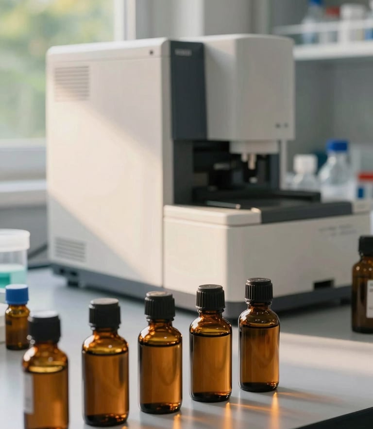 Clean clinical laboratory testing setup, amber glass bottles filled with essential oils, modern GC-MS equipment visible in background, soft natural daylight