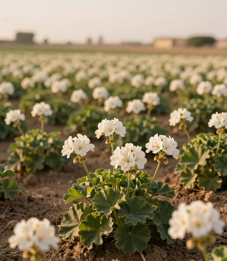 Wide-angle portrait of a sun-drenched Geranium field in Fayoum at golden hour, rich dark soil, soft focus background, warm natural daylight