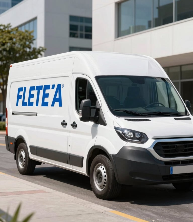 Angular shot of a modern clean white moving truck with blue FLETE.AR branding parked in a bright daylight corporate district, sharp commercial style