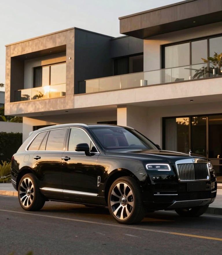 Wide cinematic environmental shot of a polished black luxury SUV parked in front of a modern Abidjan villa, golden hour sunlight reflecting off the metallic paint, 50mm lens.