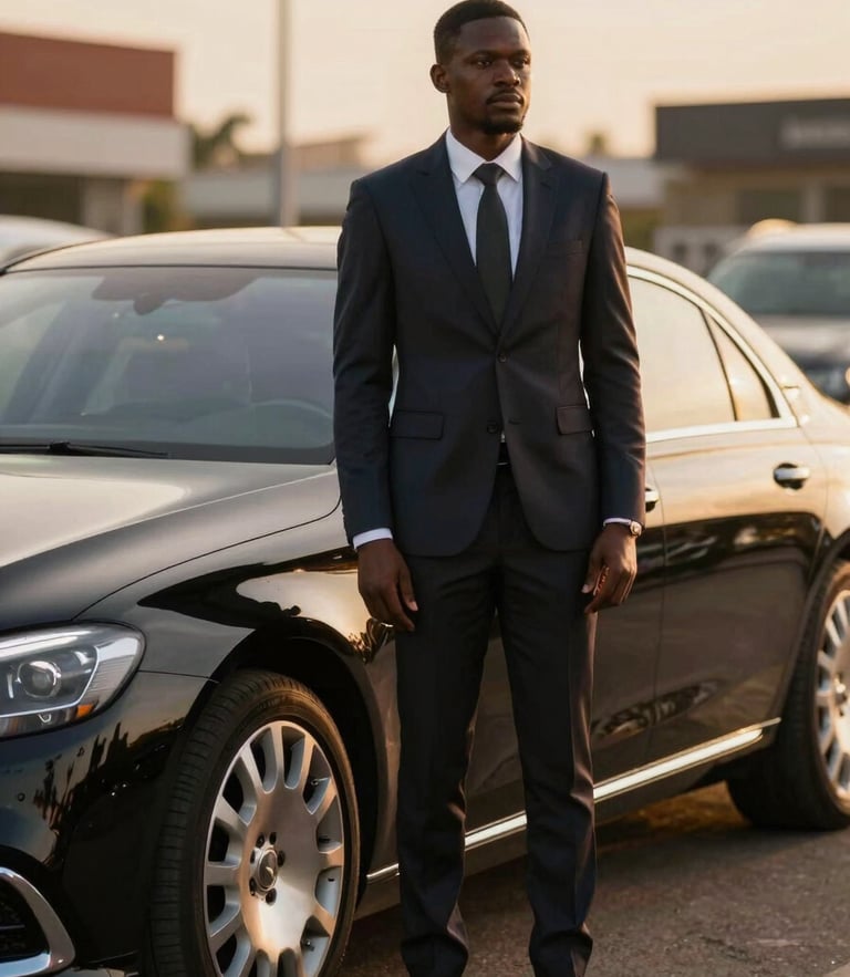 A professional African chauffeur in a tailored dark suit standing beside a polished luxury sedan in Abidjan, golden hour lighting, soft metallic reflections