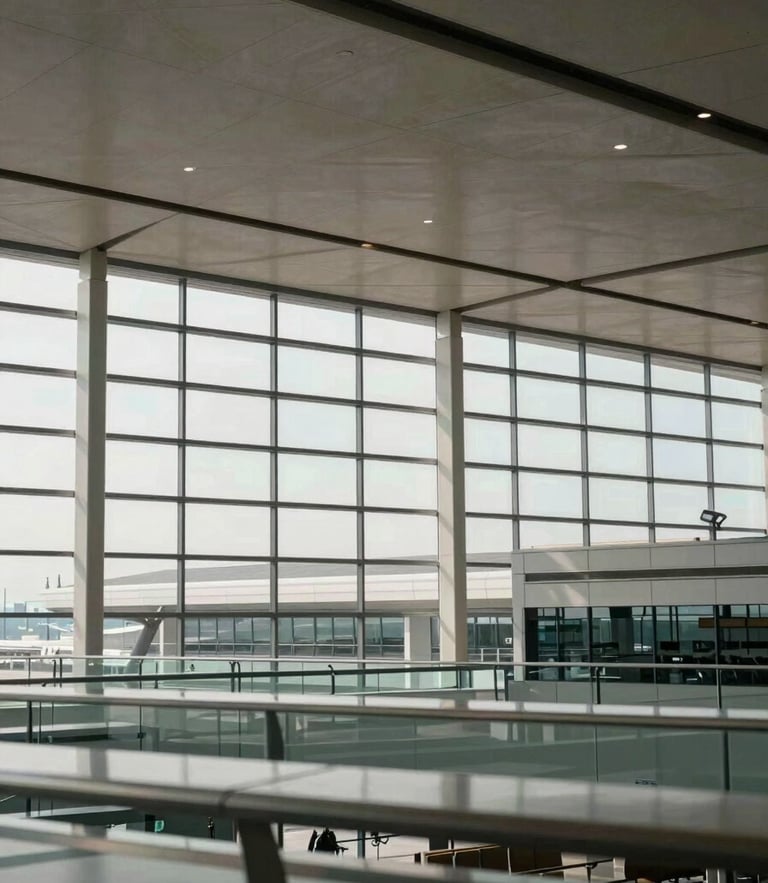Expansive architectural view of a modern airport terminal roof structure, clean lines, natural daylight streaming through glass panels, calm atmosphere.