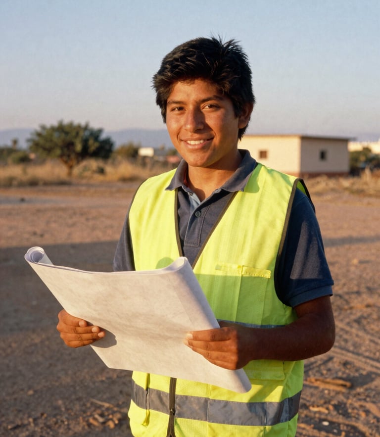 A young Mexican student smiling, wearing a safety vest and holding a blueprint, warm golden-hour sunlight, semi-arid landscape of San Luis Potosí in the background, 35mm photography