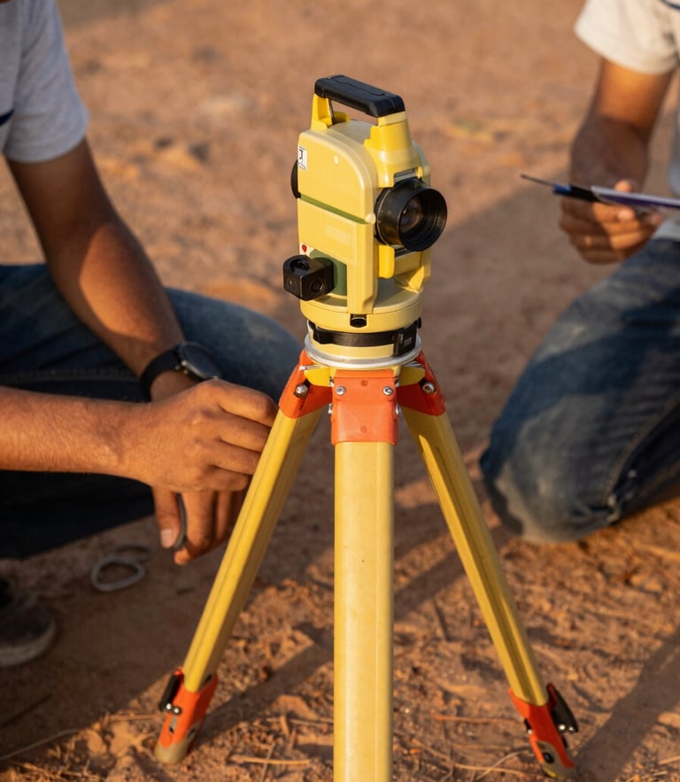 Close-up of students' hands holding a professional surveying prism pole and drafting tools on dusty ground, warm golden-hour light reflecting off the equipment.