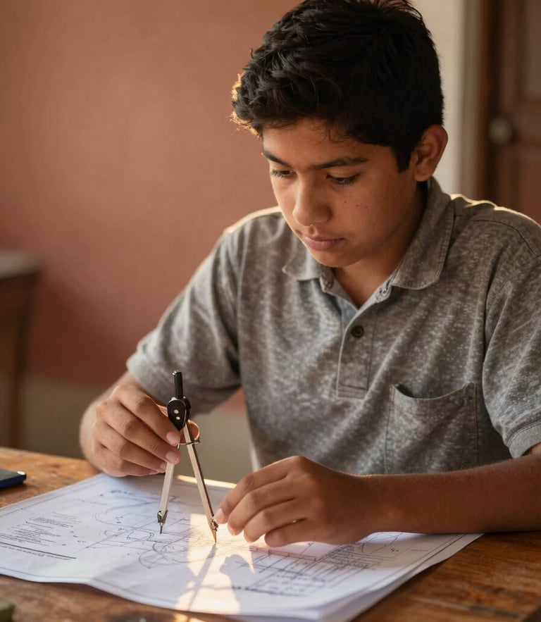 Medium-wide environmental shot of a young Mexican student in Charcas holding a drafting compass over a blueprint, warm golden-hour sunlight reflecting off a wooden table, earth tones, 35mm.
