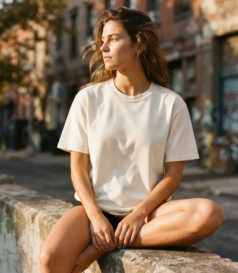 Close-up of a premium heavy cotton t-shirt on a model sitting on a concrete ledge, warm golden hour sunlight with sharp artistic shadows, 35mm film style